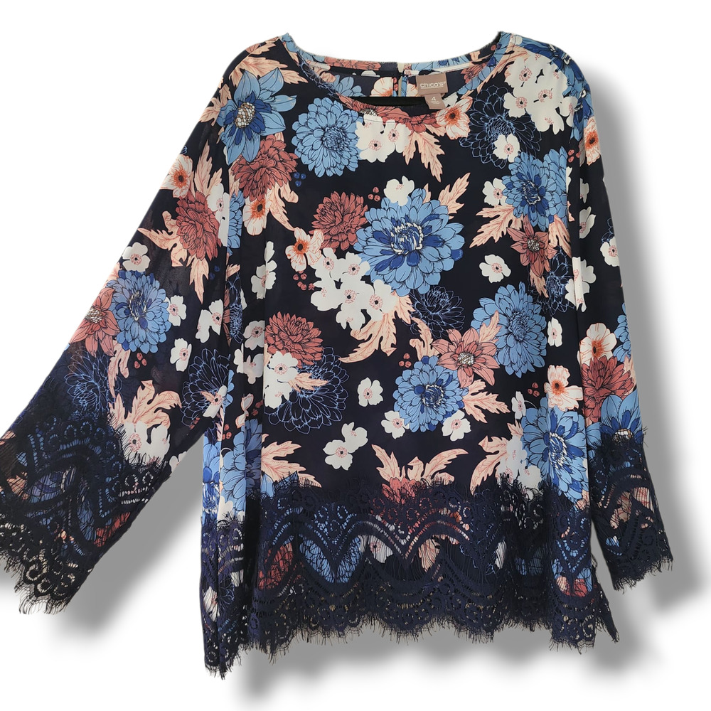 Chico's floral Boho Top plus size XXL blue pink‎ lace trim Bohemian casual white